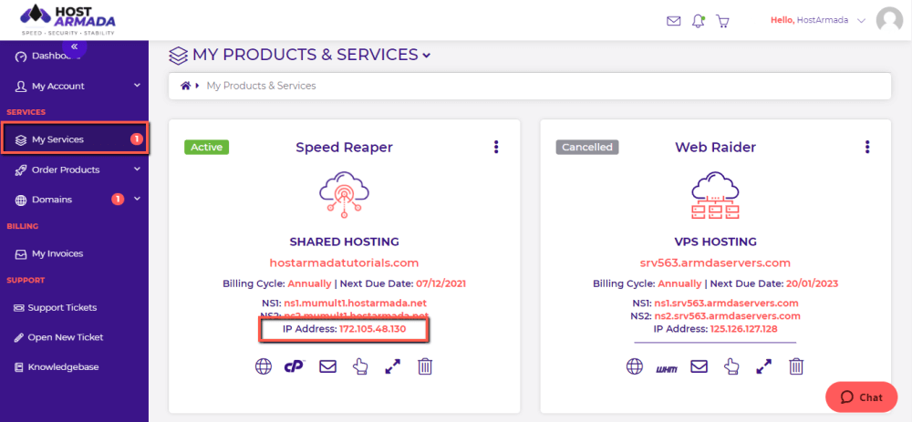 Find Hosting Server IP address in HostArmada Client Area