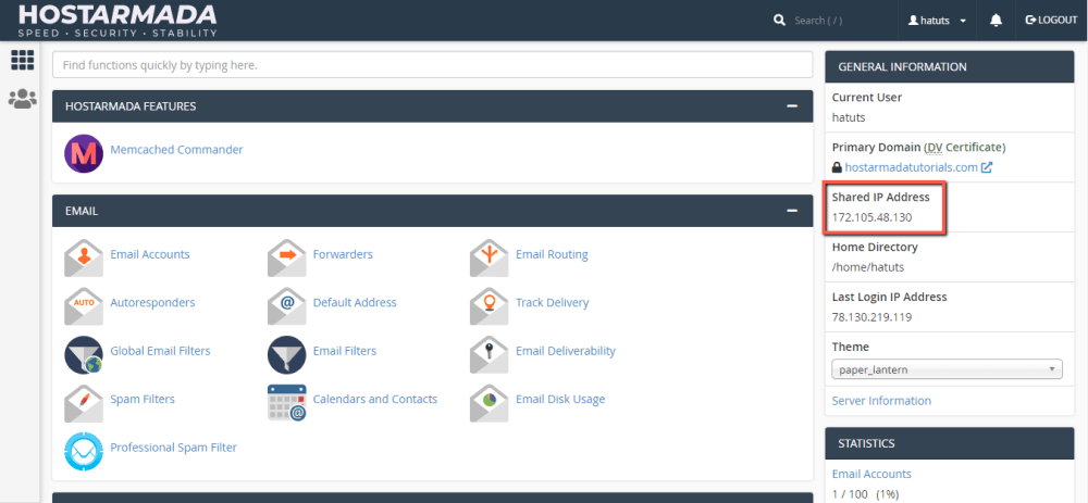 Find Hosting Server IP address in cPanel