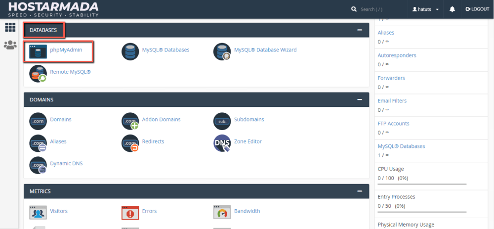 Access the 'phpMyAdmin' tool in cPanel
