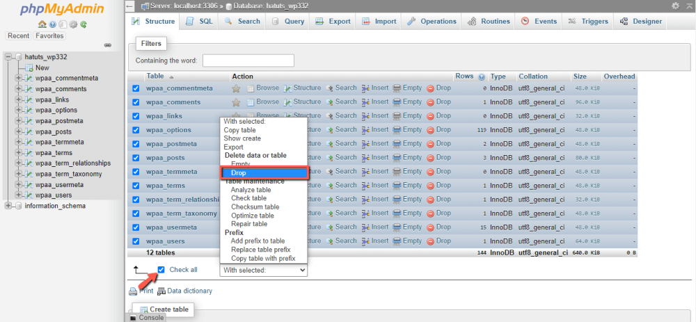 Drop (Delete) all database tables in phpMyAdmin