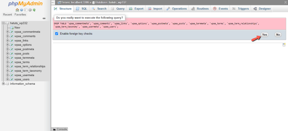 Confirm database table deletion in phpMyAdmin