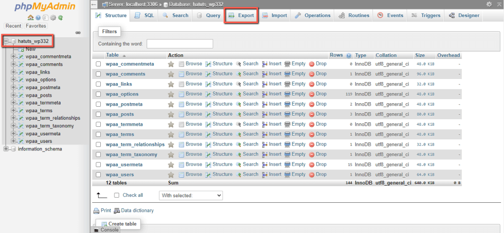 Access the phpMyAdmin Database Export function