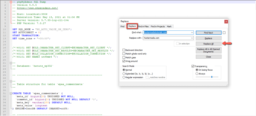 Replace all database entries in NotePad++