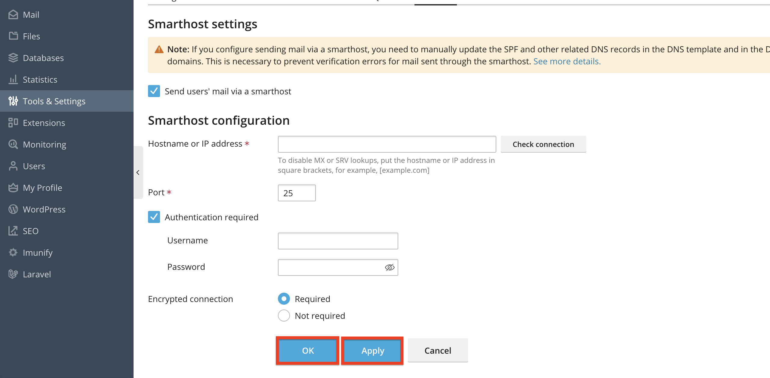confirm-smarthost-settings