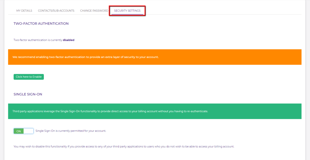 Configuring Client Area Security Settings