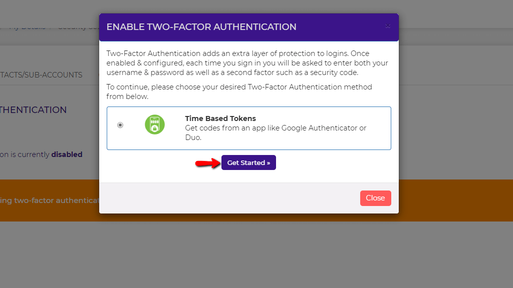 Clicking on the Getting Started button