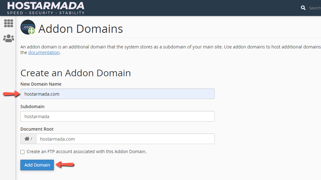 Add New Addon Domain in cPanel