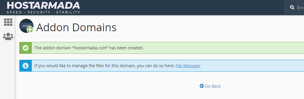 Add new addon domain status cPanel