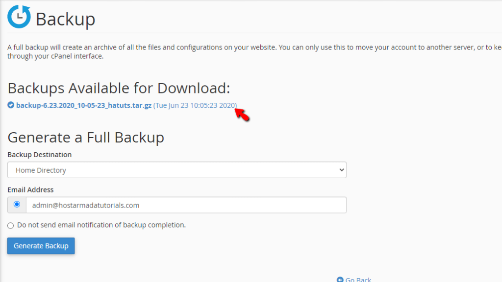 Download the Generated Full cPanel Backup
