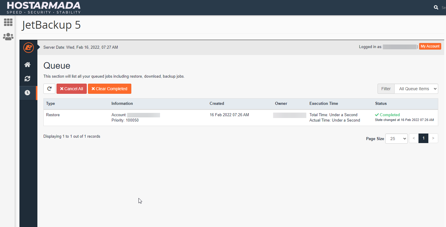 The restoration queue interface
