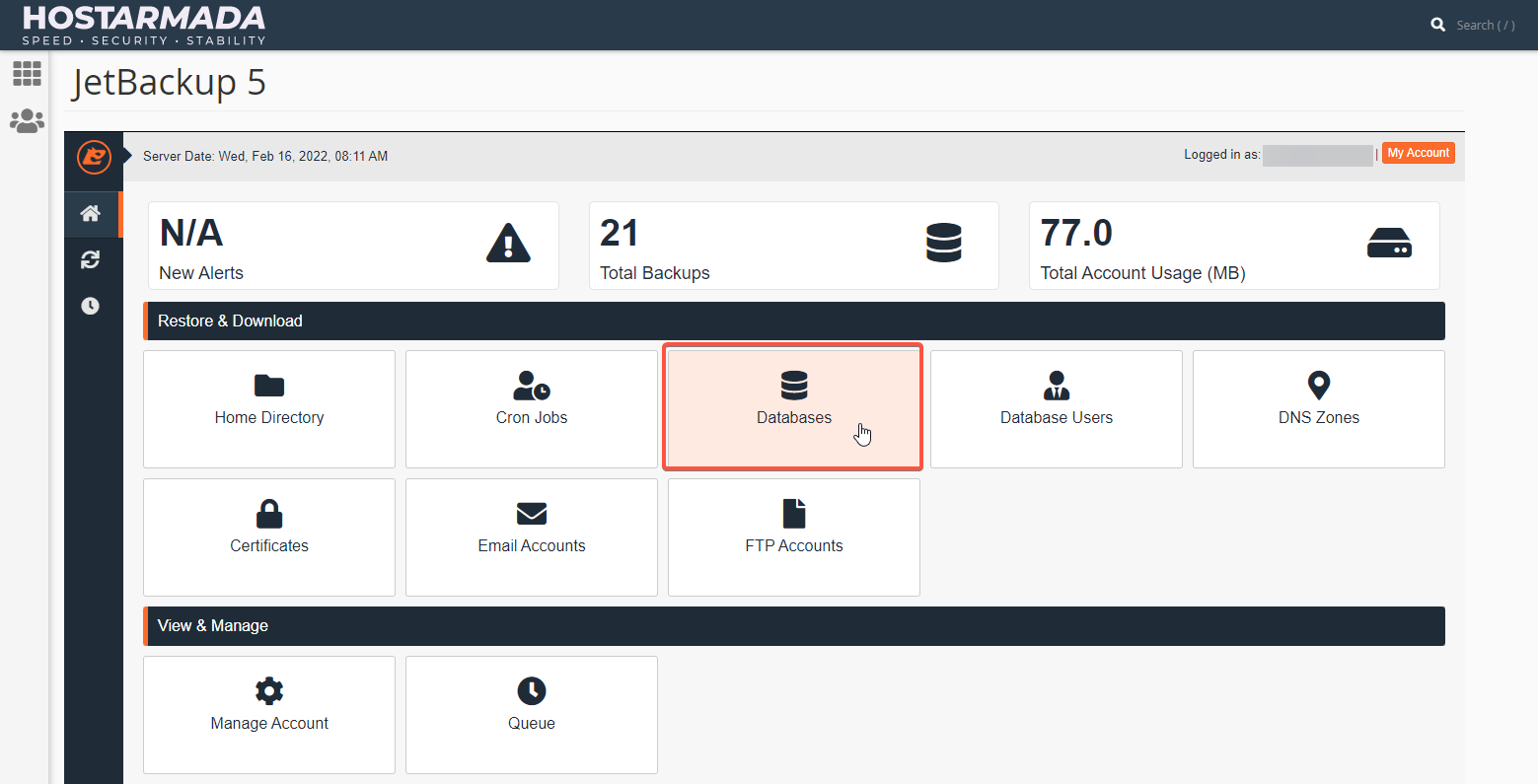 Accessing the Database restore option