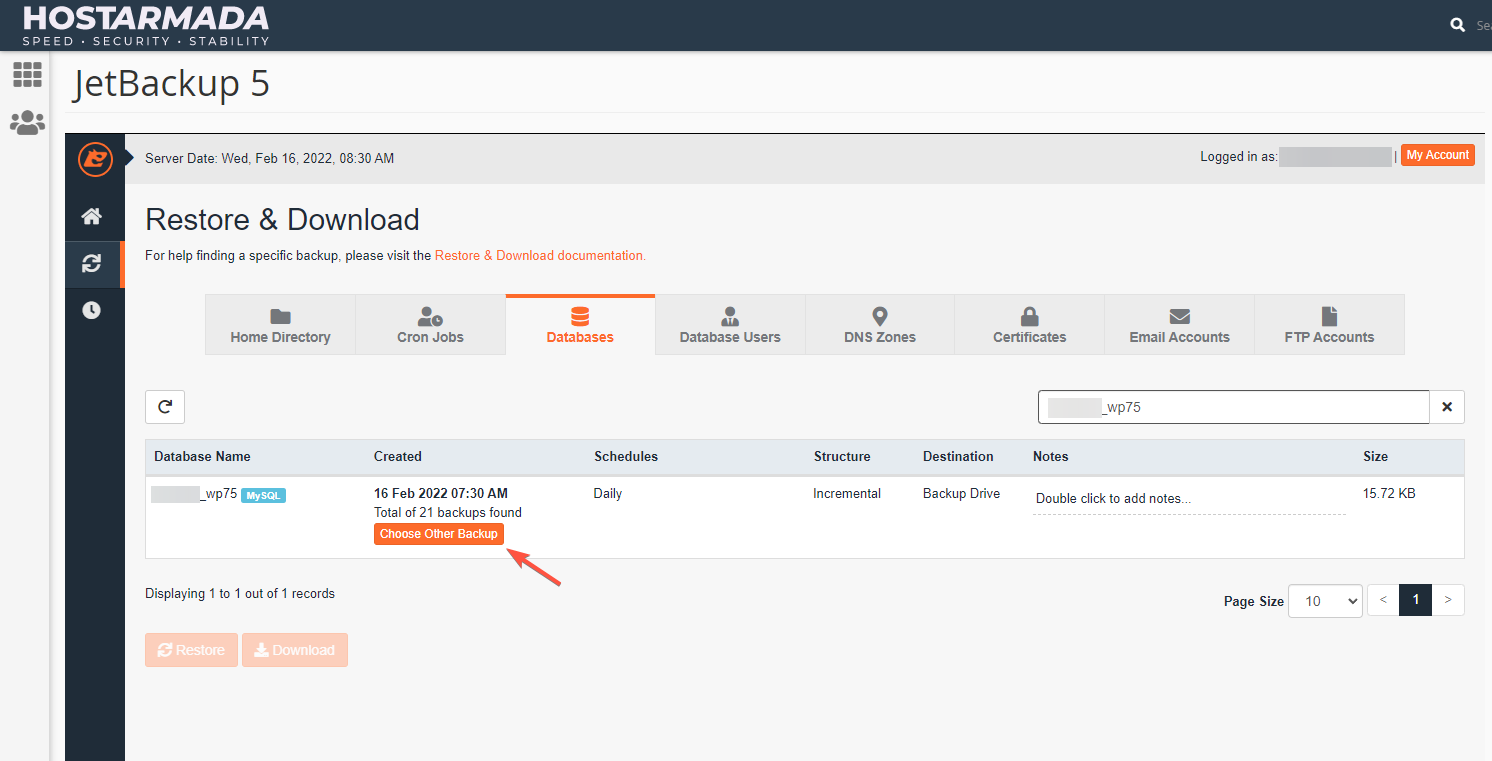 Choosing different backup date
