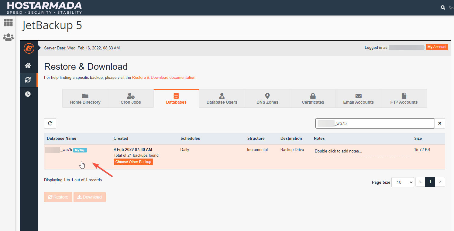 Select the database for restoration