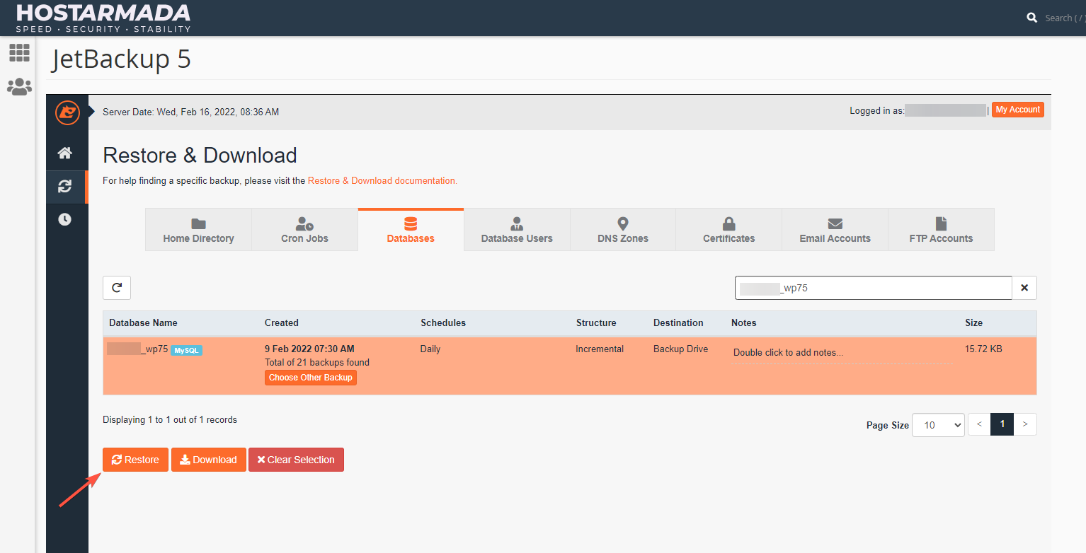 Clicking on the Restore button