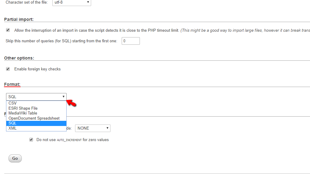 Select database import format