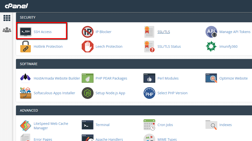 Accessing the SSH Access feature in cpanel
