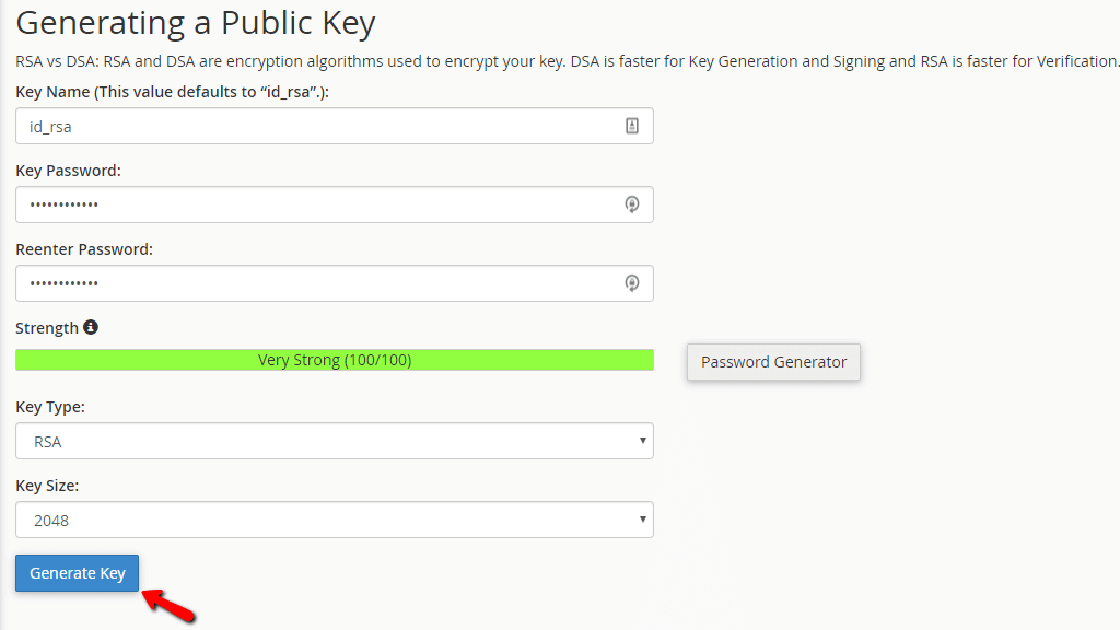 Generating new SSH key in cPanel