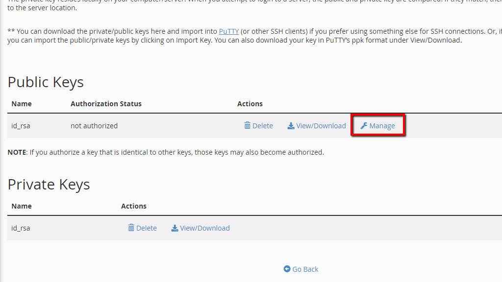 Managing newly generated keys in cPanel