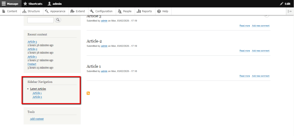 New menu displayed on the frontend