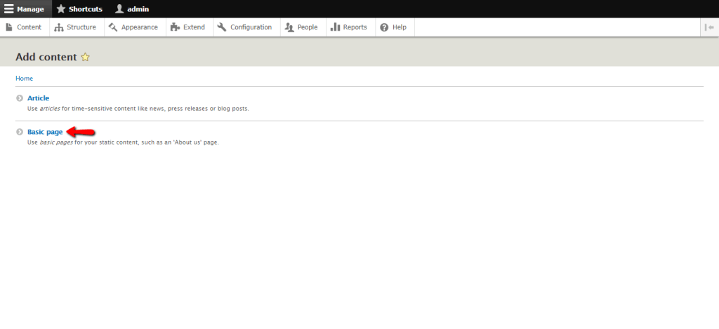 Clicking on the Basic page link