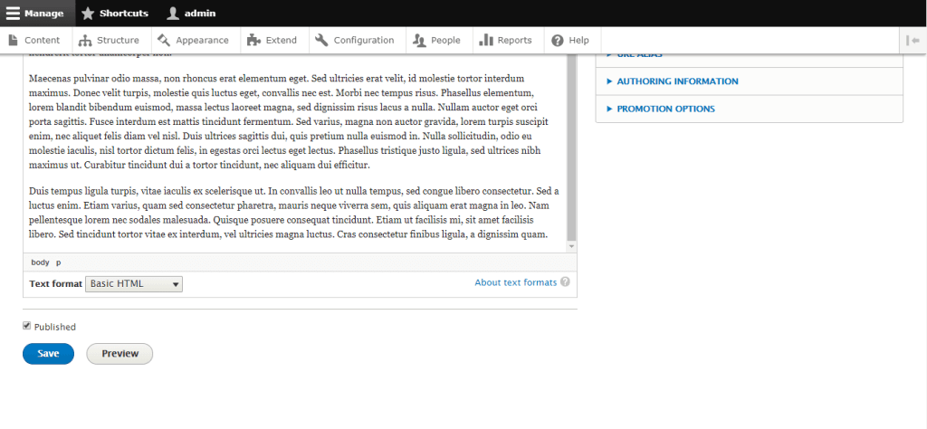 Publish, Save and Preview options