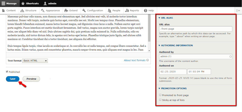 URL Alias, Authoring Information, and Promotion Options