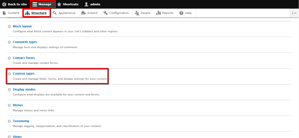 Accessing the Content Types page