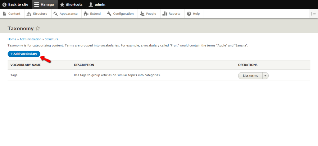 Accessing the Add vocabulary page