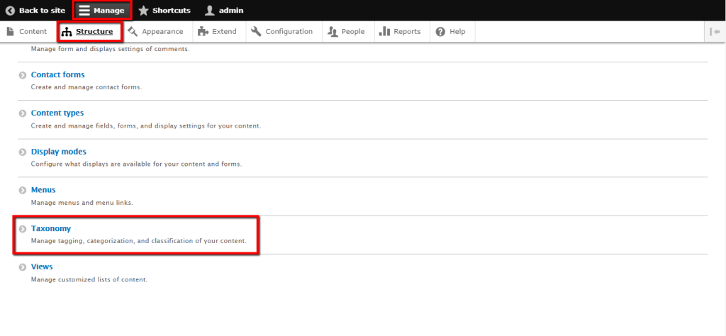 Accessing the Taxonomy page