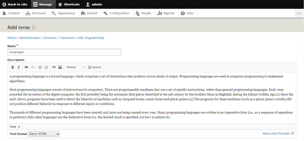 Entering Term Name and Description