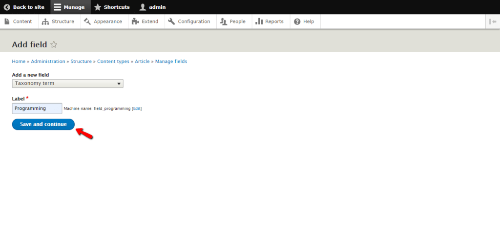 Selecting Taxonomy term and entering Lebel