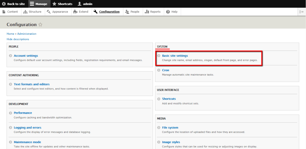 Accessing Drupal basic site settings page