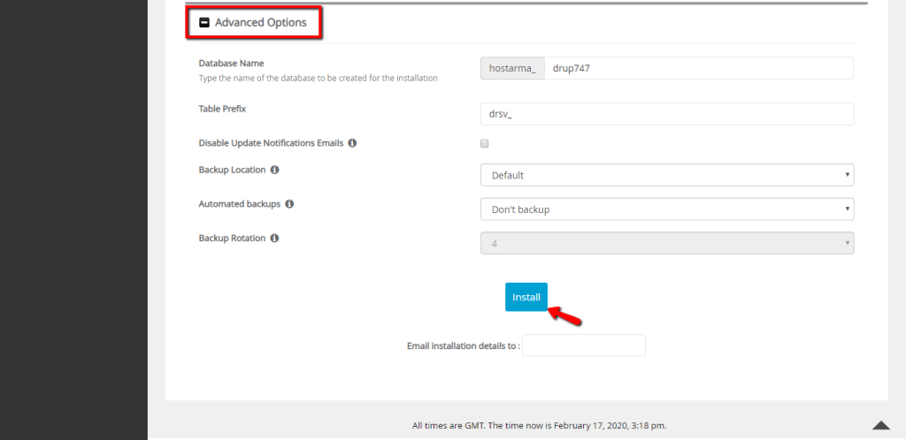 Advanced Options section and installing Drupal