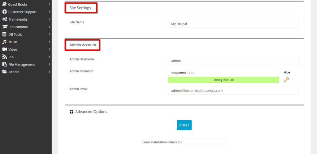 Site Setting and Admin Account sections
