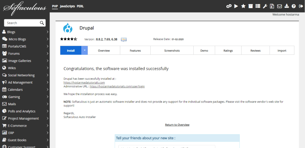 Drupal successfully installed screen