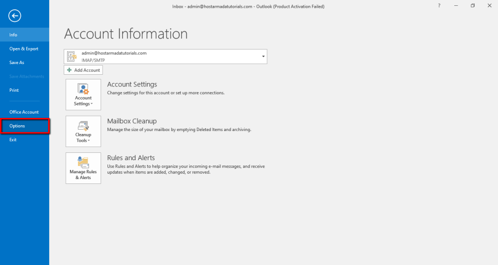 Accessing the Outlook Options