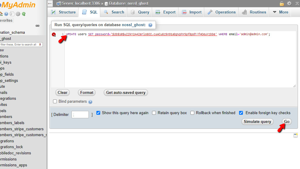 Execute MySQL query in phpMyAdmin