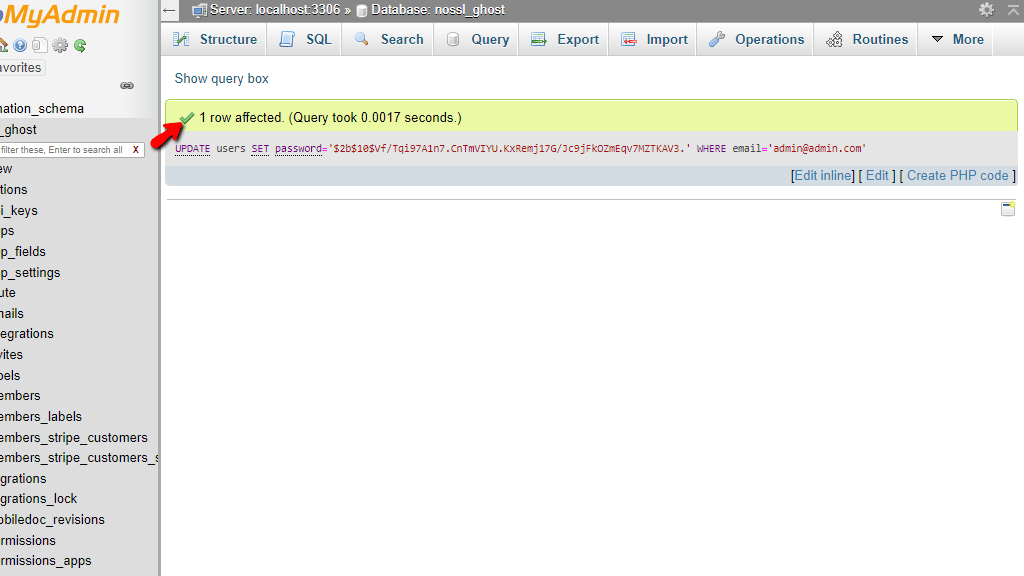MySQL Query successfully executed in phpMyAdmin