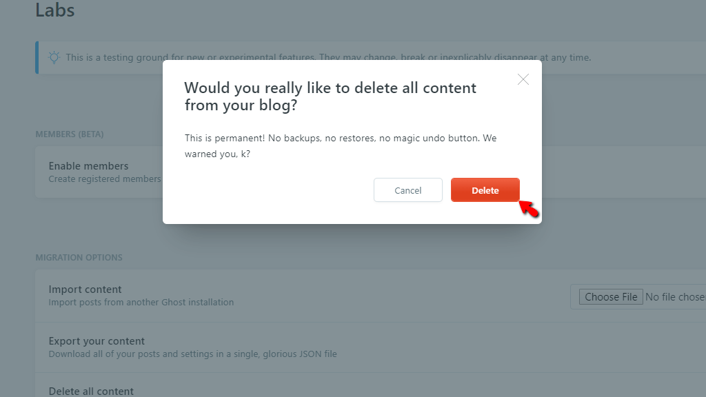 Content Deletion confirmation