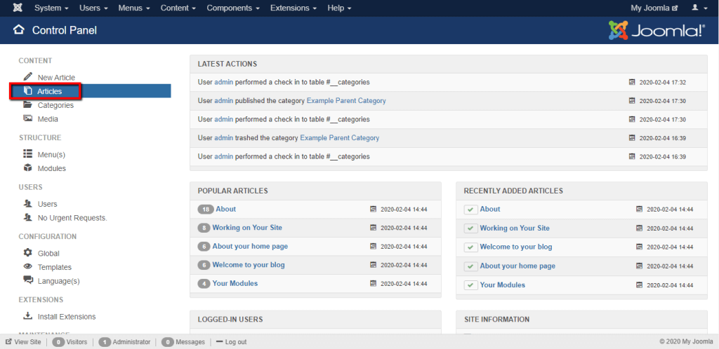 Accessing the Articles page