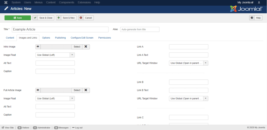 Article Images and Links tab