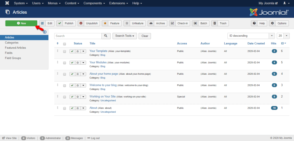 The New Article button