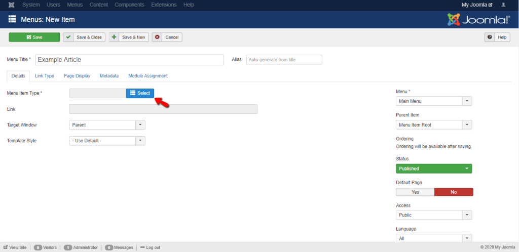 Selecting Menu Item Type