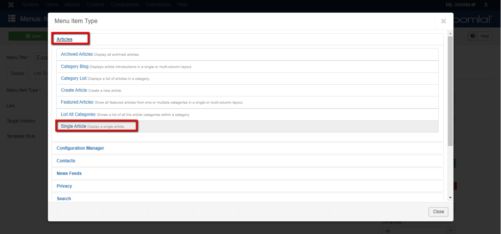 Selecting the Single Article type