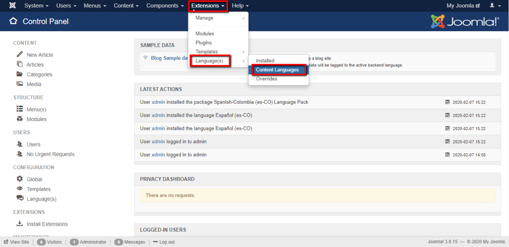 Accessing the Content Languages page