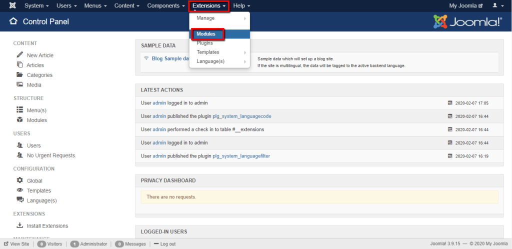 Accessing the Modules page