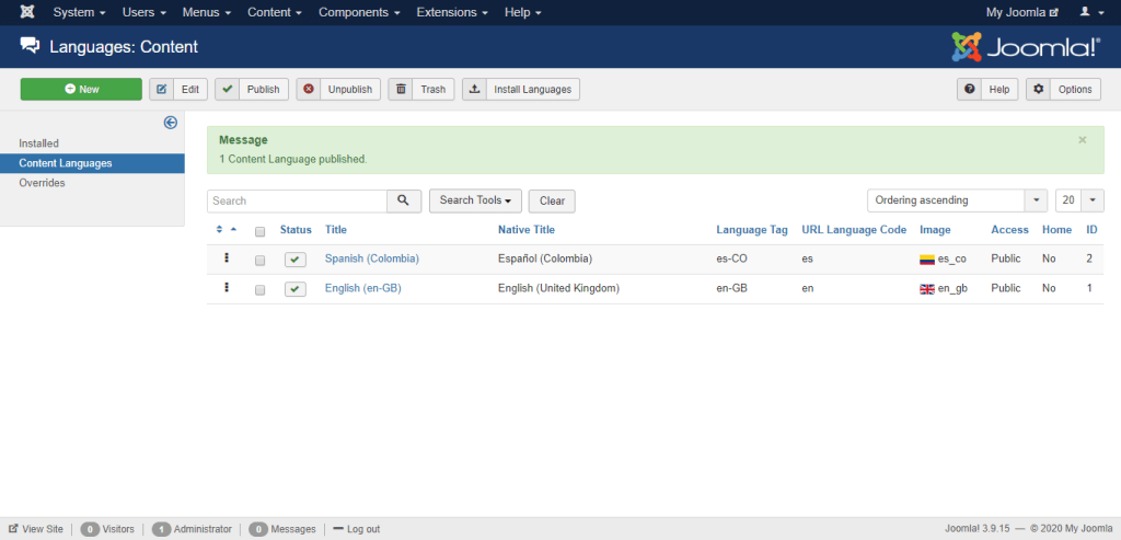 Language Successfully Published screen