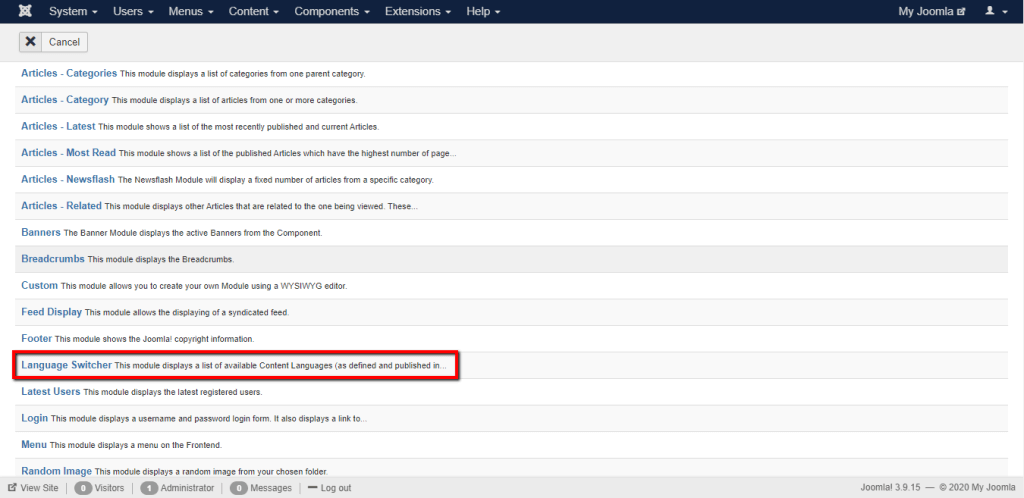 Locate the Language Switcher module