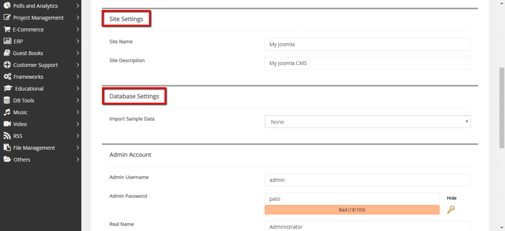 Site and Database settings