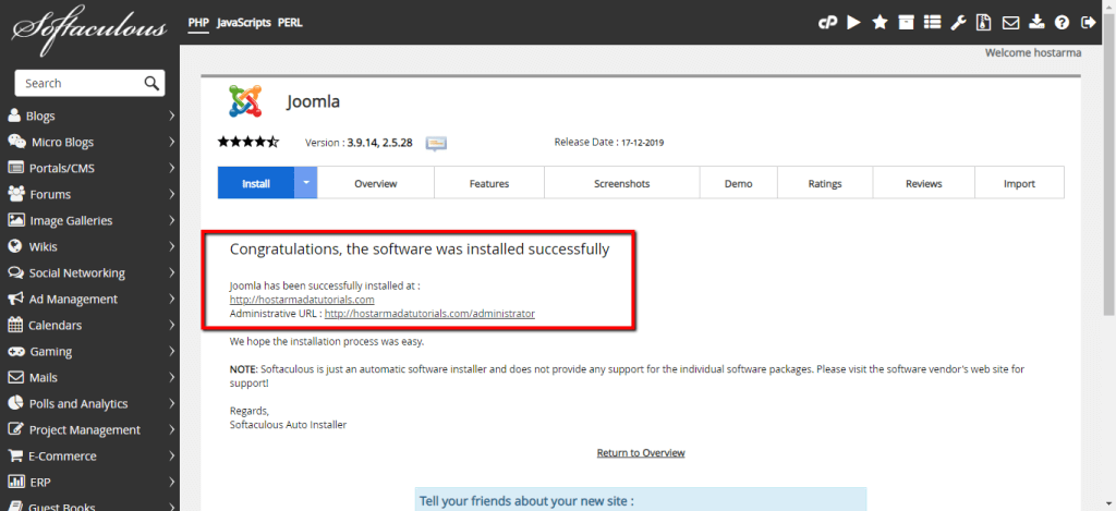 Successful Installation screen
